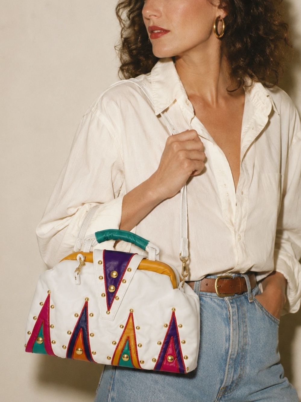 NWT Vintage Samir Handbags White Leather Studded Colorblock Satchel USA - Picture 2 of 12
